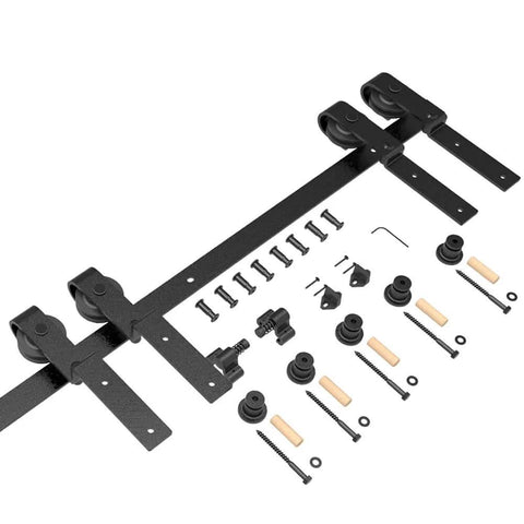 5ft Bypass Sliding Barn Door Hardware Kit With Single Track For Double Wooden Doors Space Saver Barn Door System Low Ceiling Design Easy Install Ideal For Small Rooms And Apartments showing rail and components