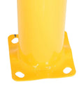 Close-up of the base of Heavy Duty Steel Safety Bollard Standing 42 Inches High By 5.5 Inches Wide In Bright Powder Coated Yellow.
