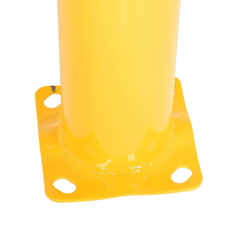 Close-up of the base of Heavy Duty Steel Safety Bollard Standing 42 Inches High By 5.5 Inches Wide In Bright Powder Coated Yellow.