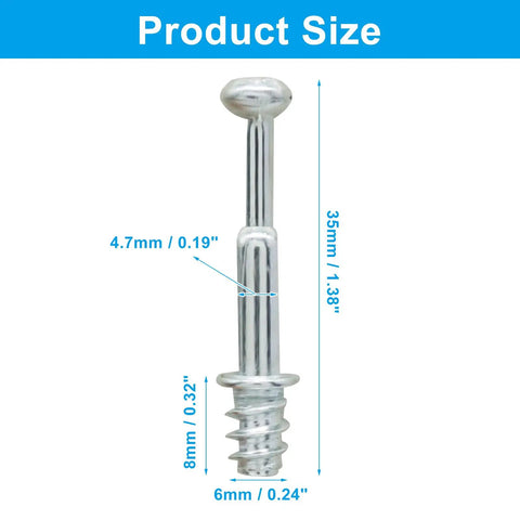 10 Pack M6 X 35mm Cam Bolts For Furniture Assembly with dimensions in blue text, showing galvanized finish, heavy duty iron