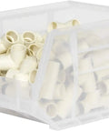 Grab and Go Stackable Plastic Storage Bins for Garage Pantry and Craft Organization Clear 11 by 8 by 7 Inches 6 Pack Holds Up to 50 Pounds Durable Space Saving Organizer with white items inside