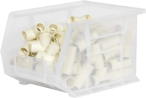 Grab and Go Stackable Plastic Storage Bins for Garage Pantry and Craft Organization Clear 11 by 8 by 7 Inches 6 Pack Holds Up to 50 Pounds Durable Space Saving Organizer with white items inside