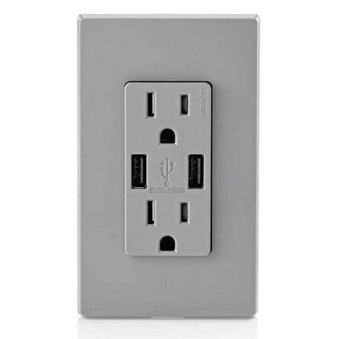 Type A USB In Wall Charger With 15 Amp Tamper Resistant Outlet And Dual High Power USB Ports 3.6A Total For Smartphones And Tablets Gray