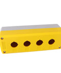 Front view of Push Button Control Station Box Four-Gang Industrial Grade ABS Plastic Enclosure, yellow, IP65 water-resistant.
