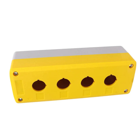 Front view of Push Button Control Station Box Four-Gang Industrial Grade ABS Plastic Enclosure, yellow, IP65 water-resistant.