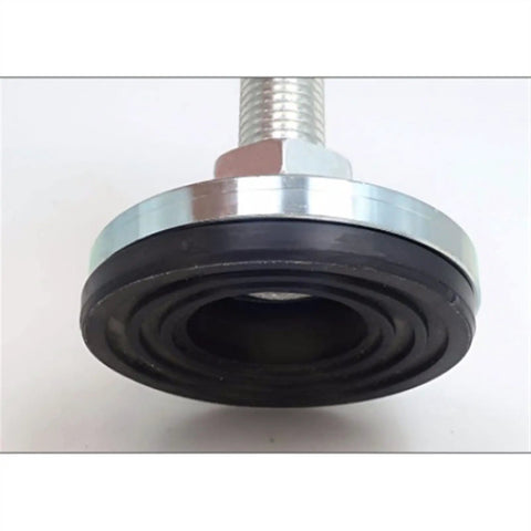 Close-up of Tough As Nails Adjustable Leveling Feet Four Pack Heavy Duty Carbon Steel Supports with rubber cap for stability.