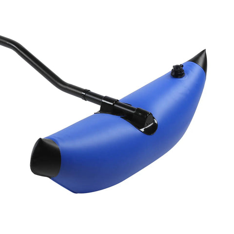 Close view of blue inflatable kayak stabilizer with bracket, part of Inflatable Kayak Stabilizer Outrigger Kit for Stand Up And Fish.