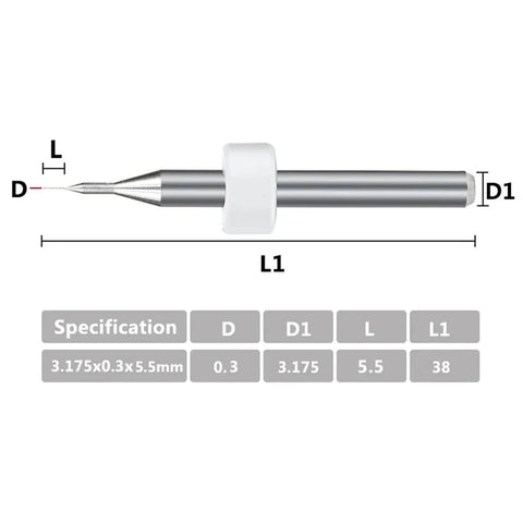 Diagram of 0.3mm Carbide PCB Drill Bits Set For Mini CNC Drilling On Printed Circuit Boards, dimensions labeled
