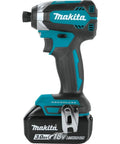 18V Brushless Cordless Impact Driver Kit XDT131 With 3.0Ah Battery, black and teal color, side view