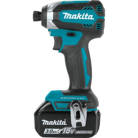 18V Brushless Cordless Impact Driver Kit XDT131 With 3.0Ah Battery, black and teal color, side view