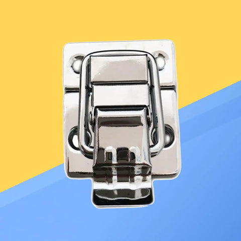 Heavy Duty Stainless Steel Spring Latch Hasps Lock for Belts and Backpacks shown in silver finish on blue and yellow background