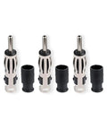 Three Pack DIN Plug Crimp RF Connector Straight Adapter For Your Car Radio Antenna Setup ISO Socket To DIN Plug 50 Ohm Nickel Plated Brass Solder On RG58 Cables Great For FM AM Antennas Scanners CB Radios And Digital Radios, displayed in a row with three connectors and sockets.