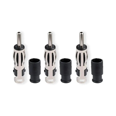 Three Pack DIN Plug Crimp RF Connector Straight Adapter For Your Car Radio Antenna Setup ISO Socket To DIN Plug 50 Ohm Nickel Plated Brass Solder On RG58 Cables Great For FM AM Antennas Scanners CB Radios And Digital Radios, displayed in a row with three connectors and sockets.