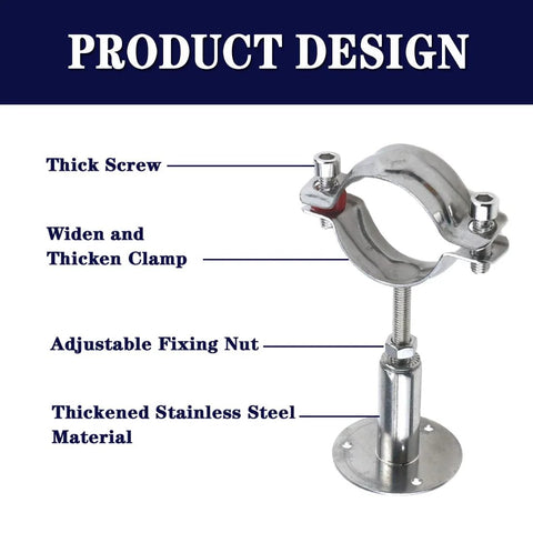 2-inch stainless steel pipe mounting clamp with base flange and adjustable screw for wall or ceiling installation