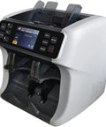 Heavy Duty Money Counter Machine With Smokin Fast Counterfeit Detector And Dual Pocket Value Bill Sorter For Mixed Denomination Cash, front view.