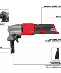 Diagram of 16 Gauge Speed Nibbler for M12 FUEL 12V Cordless Metal Cutter showing features like LED light and variable speed trigger