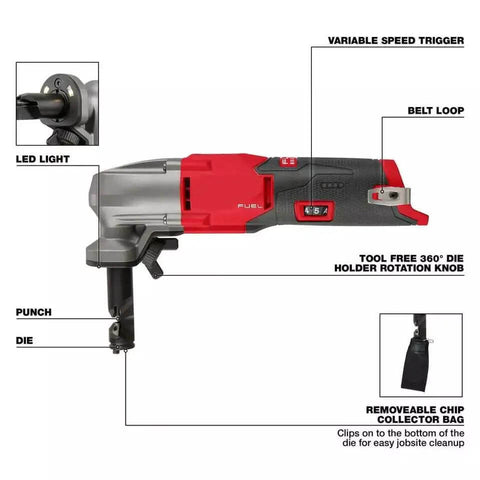 Diagram of 16 Gauge Speed Nibbler for M12 FUEL 12V Cordless Metal Cutter showing features like LED light and variable speed trigger