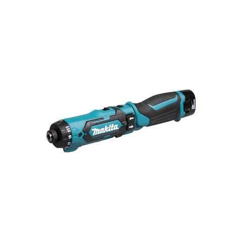 Super Compact Cordless Pencil Drill Offering Slick Ratchet Action And 21 Position Torque Control Built Tough For Cramped Spaces And Weekend Repair Work Lightweight Body With Handy Led Lamp at an angle showing controls and smooth design.
