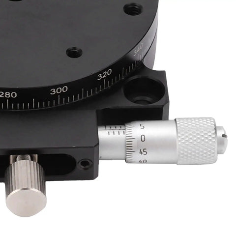 Close-up of RS60 L Manual Rotary Stage R Axis Platform with 2.36 inch table, showing precise angular measurements and knobs.