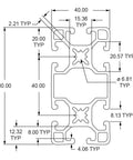 Detailed technical drawing of Badass Heavy Gauge 40X80 Millimeter T Slotted Aluminum Extrusion Rail dimensions and specifications.