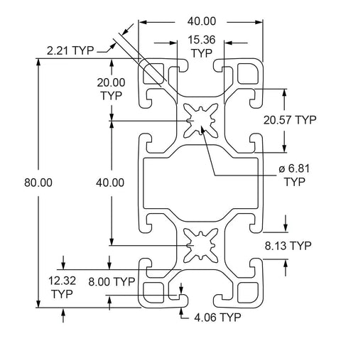 Detailed technical drawing of Badass Heavy Gauge 40X80 Millimeter T Slotted Aluminum Extrusion Rail dimensions and specifications.