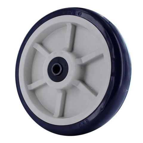 Heavy Duty 8 Inch Polyurethane Caster Wheel With Blue Tan Crown Tread Rolls Heavy Loads Without Breaking A Sweat On Rock Solid Quad X Bearings At 1200 Lb Capacity