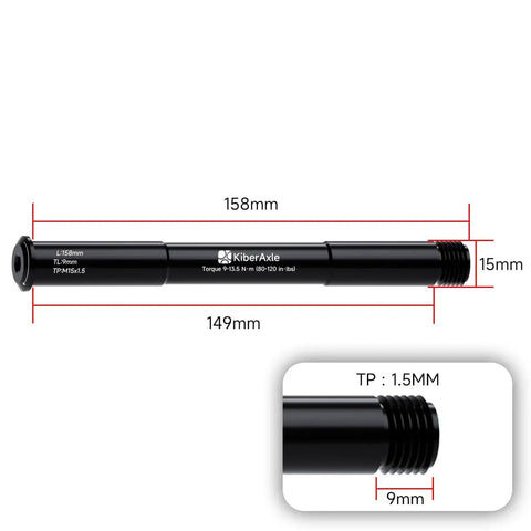 Thru Axle 15mm X 110mm For RockShox Forks Aluminum Alloy Hub Adapter showing dimensions and thread detail