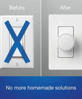 Before and after image showing Smart Dimmer Switch For Paddle Decorator Switches Keeps Philips Hue Bulbs In Ready Mode So You Always Have Hue Control And Converts Your Existing Switch Into A Hue Friendly Dimmer White installed on wall.