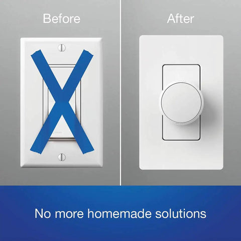 Before and after image showing Smart Dimmer Switch For Paddle Decorator Switches Keeps Philips Hue Bulbs In Ready Mode So You Always Have Hue Control And Converts Your Existing Switch Into A Hue Friendly Dimmer White installed on wall.