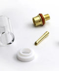 2 Series Front End TIG Starter Kit With Push On Clear Cup components including 1 eighth inch tungsten electrode and brass connectors
