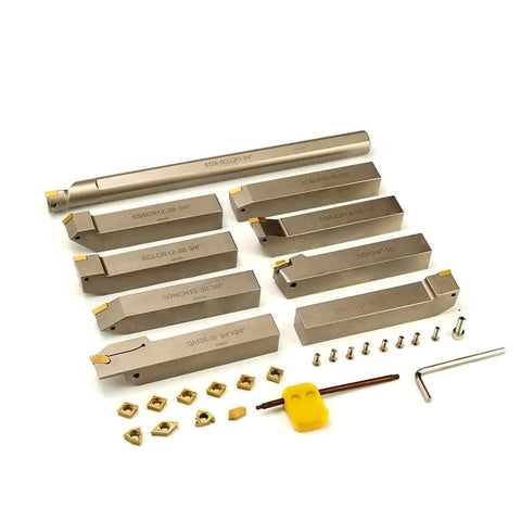 Heavy Duty Nickel Plated Indexable Tool Holder Set With Three Quarter Inch Shank Nine Piece CNC Lathe Tool Holders And Boring Bar