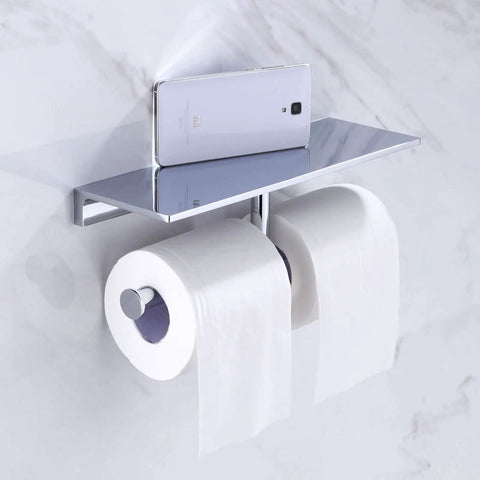 Heavy Duty Double Toilet Paper Holder With Phone Shelf Polished Chrome Dual Roll Tissue Dispenser Solid Brass Wall Mount For Home And Commercial Bathrooms Built To Last And Easy To Clean