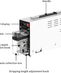Heavy Duty Digital Wire Stripper Twister Tool With Adjustable V Blade showing digital display, peeling depth knob, and waste collection box.
