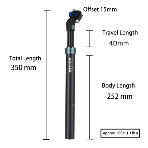 Suspension Seatpost For E Bike 350mm Length 31.6mm Diameter With Internal Coil Spring, showing measurements and weight
