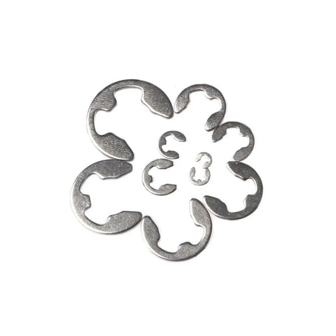 580 To 1000 Piece External Retaining Ring E Clip Circlip Washer Set In 304 Stainless Steel M1.2 To M15 Sizes arranged in a circle
