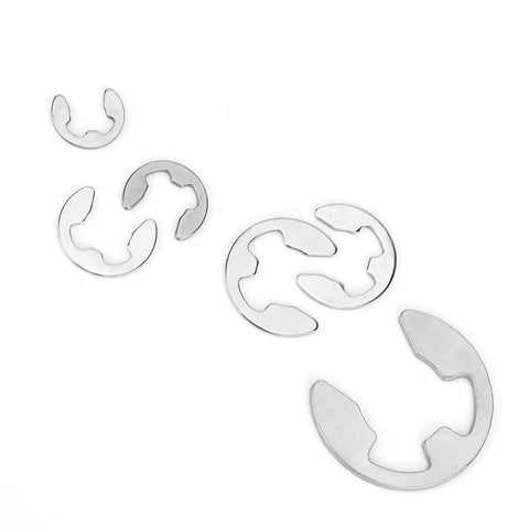 Pro Grade Stainless Steel E Clip Set With 300 Pcs Assortment, Covers M1.2 To M15 Retaining Rings Circlips, shown in various sizes.