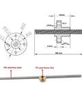 Diagram and photo of Two Pack 400mm Long 8mm Diameter T8 Lead Screw With Brass Nut For 3D Printer Z Axis 304 Stainless Steel Threaded Rod 2mm Pitch Mounting Holes For Precision CNC And DIY Printer Upgrades.