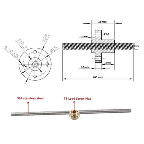 Diagram and photo of Two Pack 400mm Long 8mm Diameter T8 Lead Screw With Brass Nut For 3D Printer Z Axis 304 Stainless Steel Threaded Rod 2mm Pitch Mounting Holes For Precision CNC And DIY Printer Upgrades.