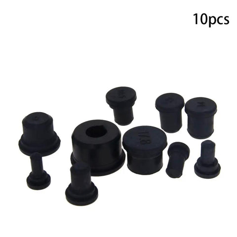 Lock It Down With This Beefy Black EPDM Rubber Cable Gland Stopper Kit That Stops Water Cold For Cable Glands And Conduits Includes Multiple SPR Sizes From 245 To 70 Acid Resistant Dust Proof Gaskets For Pros. Set of 10 black EPDM rubber cable gland stoppers in various sizes.