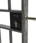 Heavy Duty Bolt On Long Throw Key Latch For Outdoor Gates Stainless Steel Double Sided Lock Includes Three Keys And Support Plate Fits Thirty Millimeter Frames No Sweat Install on a metal gate.