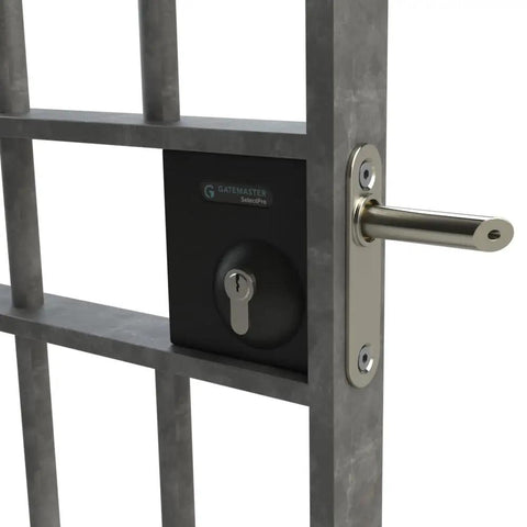 Heavy Duty Bolt On Long Throw Key Latch For Outdoor Gates Stainless Steel Double Sided Lock Includes Three Keys And Support Plate Fits Thirty Millimeter Frames No Sweat Install on a metal gate.