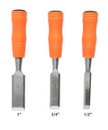 Economy 3 Piece Wood Chisel Set With One Half Inch Three Quarter Inch And One Inch Hardened Blades displayed front view
