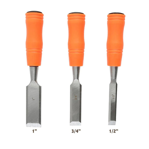 Economy 3 Piece Wood Chisel Set With One Half Inch Three Quarter Inch And One Inch Hardened Blades displayed front view