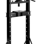 Tough As Nails 12 Ton Hydraulic Shop Press With Adjustable Work Table And Press Plates For Serious Garage Repairs Bearing Removal And Custom Metalworking Projects Black, side view showing steel construction and hydraulic jack.