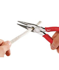 8-Inch Long Nose Pliers With Reaming Head And Onboard Fish Tape Pulling, used to hold a pipe, red handles visible