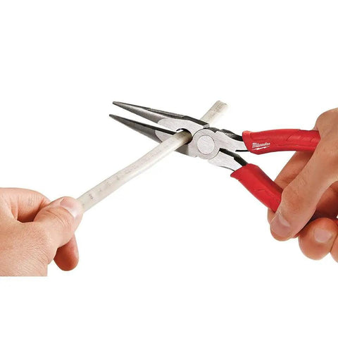 8-Inch Long Nose Pliers With Reaming Head And Onboard Fish Tape Pulling, used to hold a pipe, red handles visible