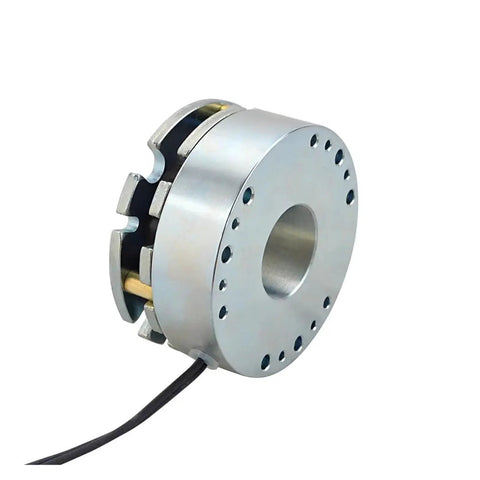 Front view of DC electromagnetic brake, 24V, 4.0 Nm, silver metal housing with mounting holes.