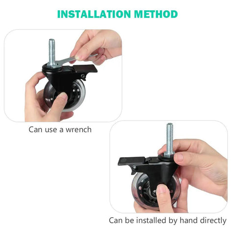 Installation method for Top Tier 3 Inch Lockable Swivel Casters With Dead Silent Non Marking Rollers and 3/8 16 threaded stem.