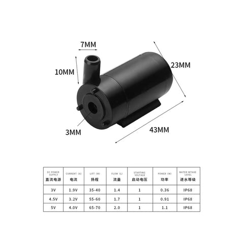 Diagram showing dimensions of a mini water pump from the 4 Pack Dope Submersible Mini Water Pumps With Clear 1m Tubing For Aquariums And Fountains Quiet DC 3V To 5V Pumps For Fish Tanks Ponds Hydroponics And Garden Water Features.