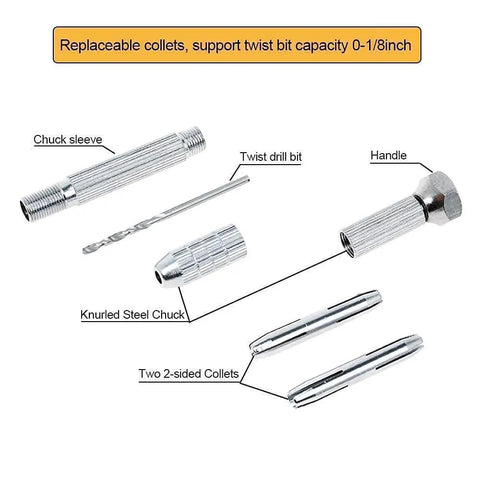 Copper Pin Vise Hand Drill Set With 25 Micro Twist Drill Bits parts diagram with replacement collets, handle, and chuck sleeve.
